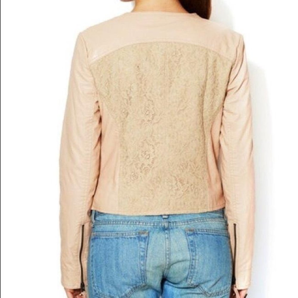 Free People Faux Leather Moto Style Blush Pink Jacket With Lace Back Detail Sz 8